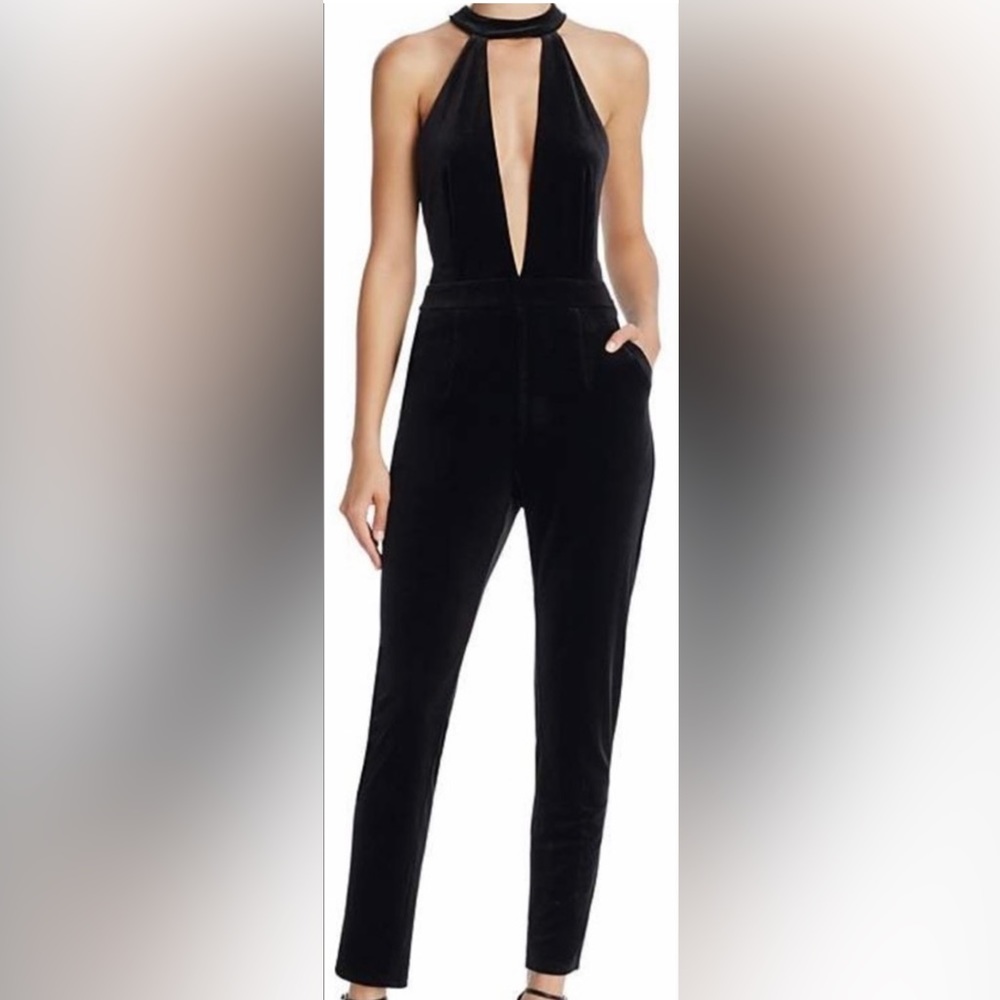Black velvet plunging v-neck jumpsuit